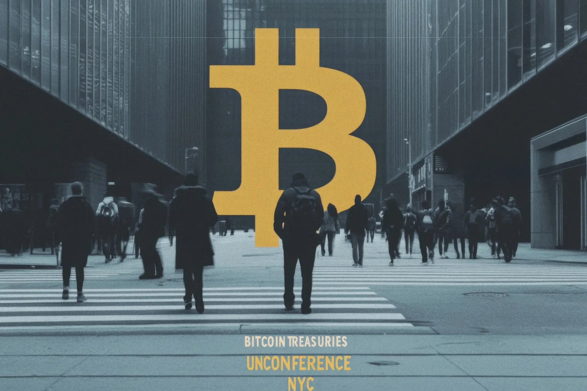 A New York crowd under a giant Bitcoin mark, from the Bitcoin Treasuries Unconference promo